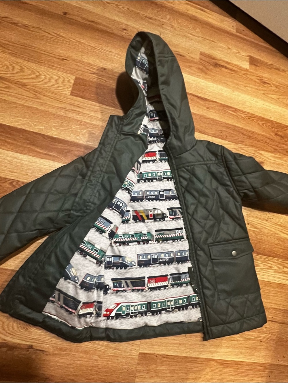 Cath Kidston Dark Green Quilted Kids Hooded Jacket with Train-Print Lining